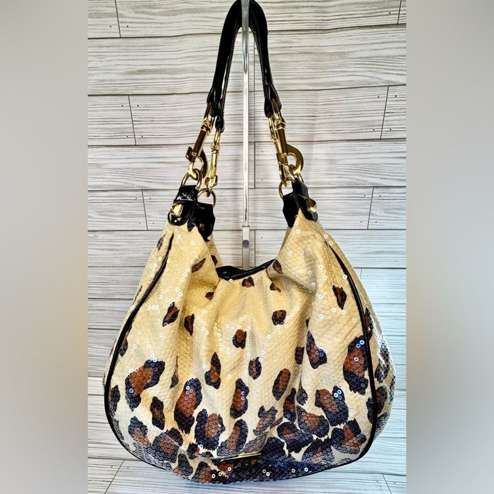 018- Betsey Johnson Animal Print Sequins Hobo Hand Bag in Black Cream & Browns